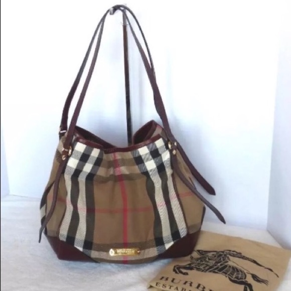 Burberry Handbags - Burberry Tan Plaid Canvas Tote with Brown Leather Trim